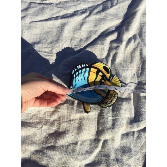Art pottery ceramic threadfin butterflyfish trinket dish blue yellow signed fish - Picture 9 of 10